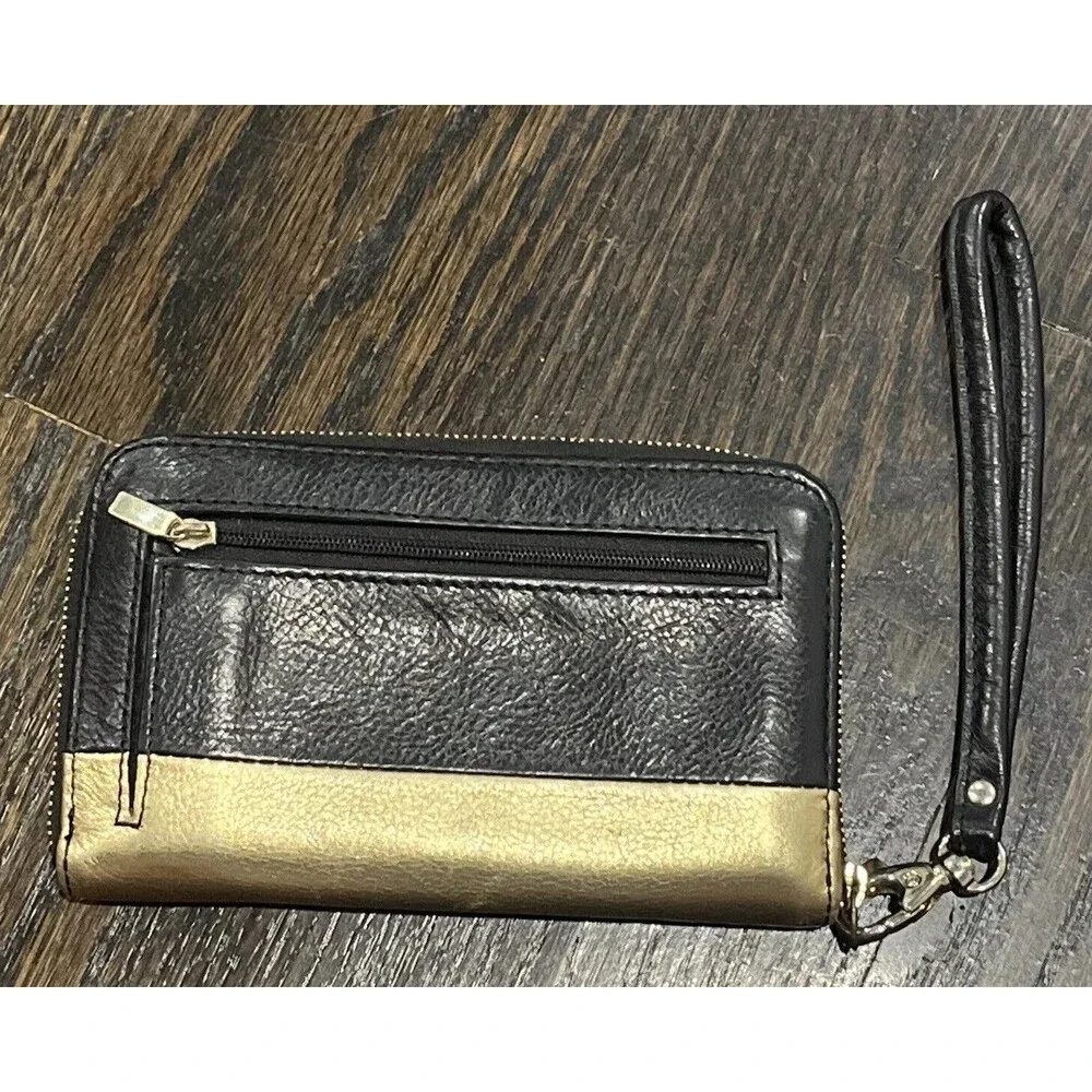 Fossil Sydney Wallet Wristlet Black Metallic Gold Leather Accordion‎ Clutch